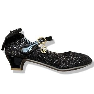 NIB JiaDuowang Girls Black Glitter Mary Jane Heels Moon Charm Bow Shoes Sz 7
